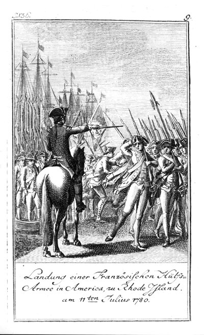 De landing van een Frans hulpleger in Rhode Island, Amerika, 11 juli 1780 door German School